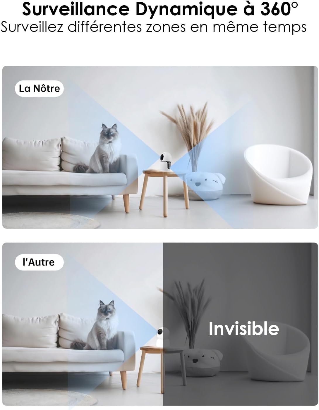 2K+2K Caméra Surveillance Intérieur, Double Objectif, Vision Nocturne, 360° Caméra Animaux Domestiques, 2,4 & 5 GHz Wi-FI, Détection Mouvement (Blanche) 4 2K+2K Caméra Surveillance Intérieur, Double Objectif, Vision Nocturne, 360° Caméra Animaux Domestiques, 2,4 & 5 GHz Wi-FI, Détection Mouvement (Blanche) – Image 3