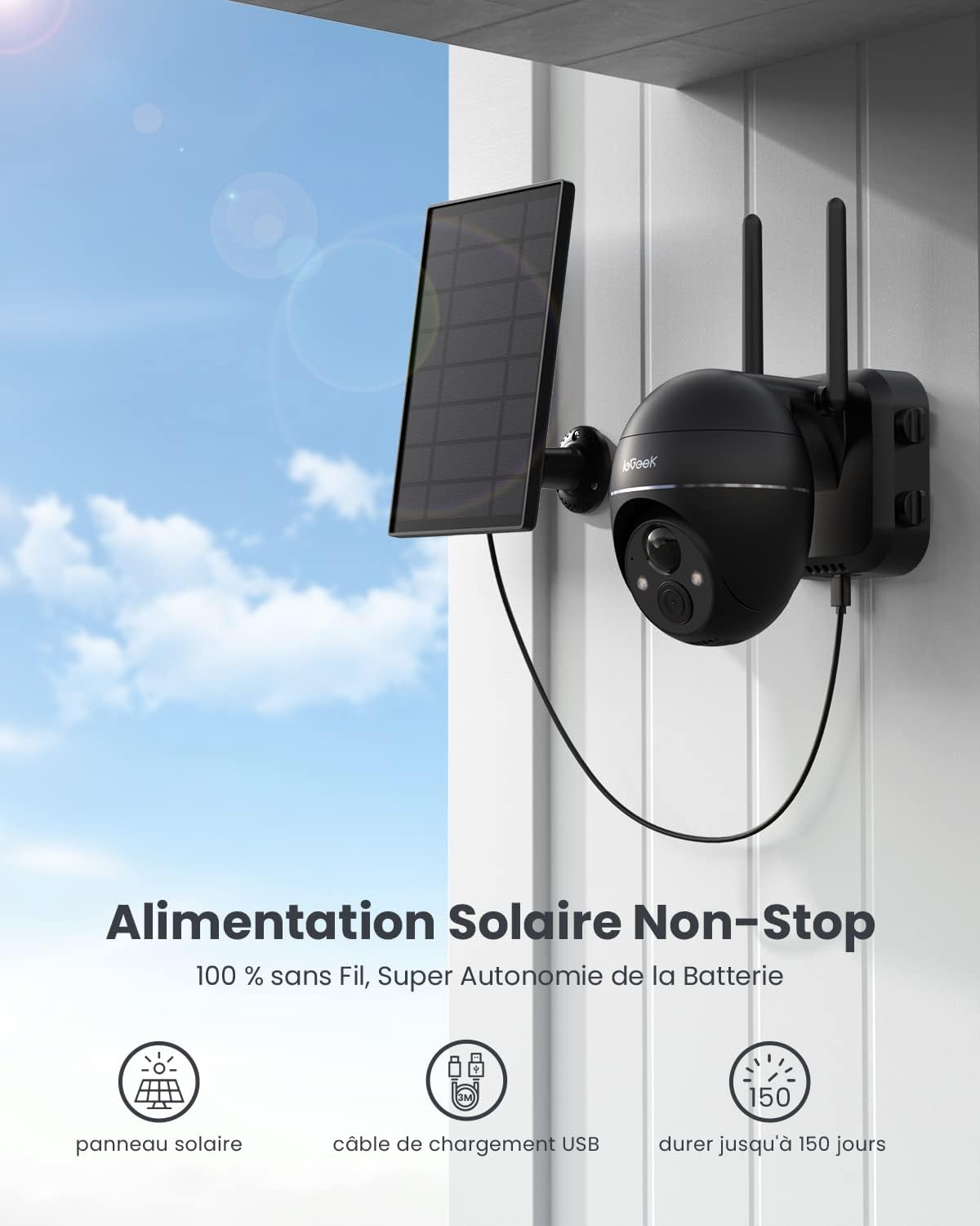 ieGeek 2K Camera Surveillance WiFi Exterieure sans Fil, Camera Solaire avec Batterie, Pan 355°/Tilt 120°, Détection Humaine PIR, Alarme Auditive, Vision Nocturne Couleur, Audio Bidirectionnel 3 ieGeek 2K Camera Surveillance WiFi Exterieure sans Fil, Camera Solaire avec Batterie, Pan 355°/Tilt 120°, Détection Humaine PIR, Alarme Auditive, Vision Nocturne Couleur, Audio Bidirectionnel – Image 2