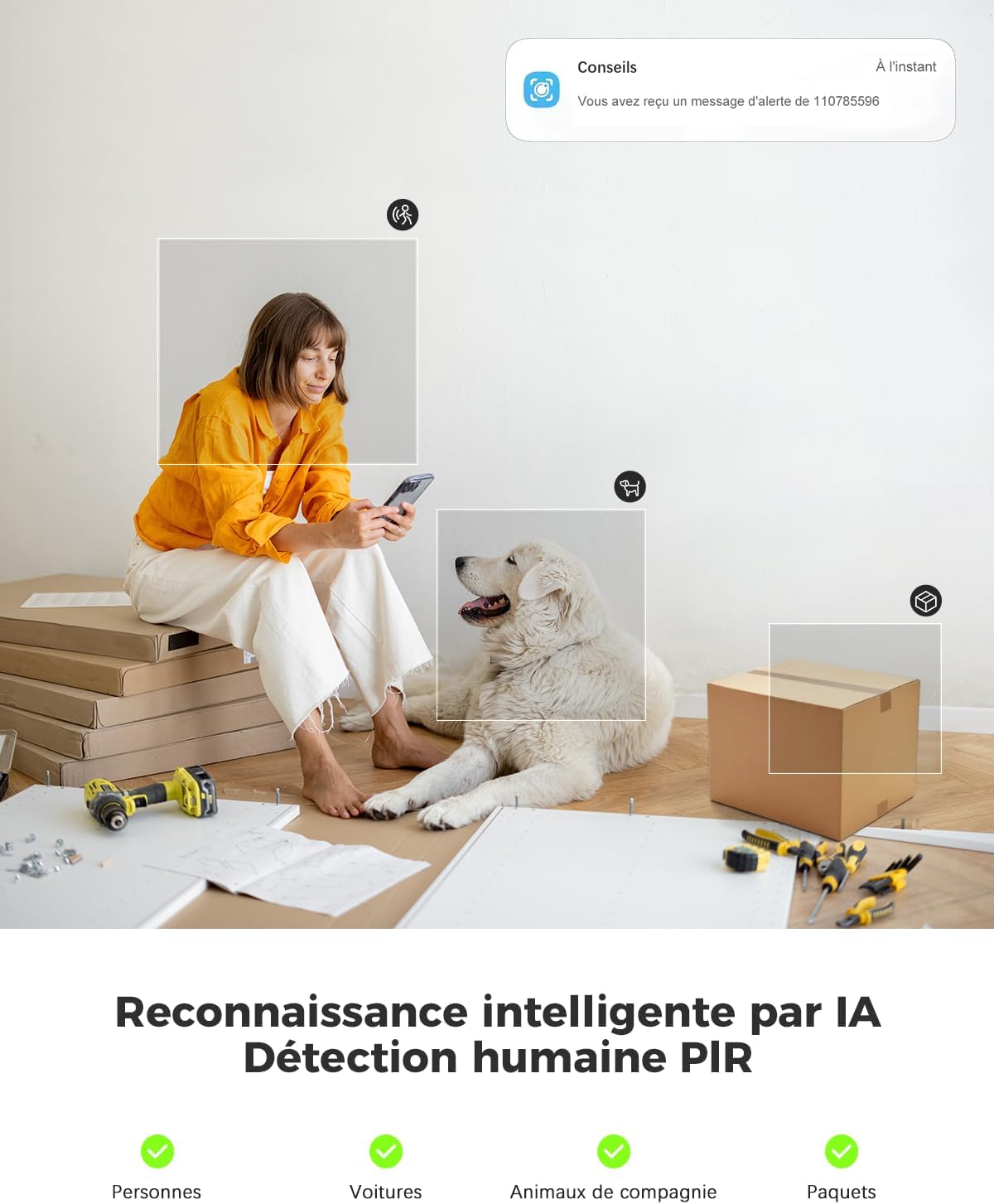 COCOCAM 2K Camera Surveillance WiFi Interieur sans Fil Pan/Tilt à Batterie 5200mAh, pour de Bébé/Animaux/Sécurité Domestique, Reconnaissance IA, Détection Humaine PIR, Wi-FI 2,4G (1, Blanc) 6 COCOCAM 2K Camera Surveillance WiFi Interieur sans Fil Pan/Tilt à Batterie 5200mAh, pour de Bébé/Animaux/Sécurité Domestique, Reconnaissance IA, Détection Humaine PIR, Wi-FI 2,4G (1, Blanc) – Image 5