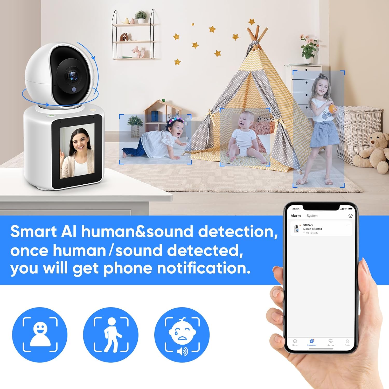 Caméra Surveillance WiFi Intérieure 360°, 2K Caméra avec Bidirectionnelle Vidéo/Audio, Application Mobile, Vision Nocturne, Appel en Un clic, Détection de Mouvement pour Enfant/Animal de Compagnie 7 Caméra Surveillance WiFi Intérieure 360°, 2K Caméra avec Bidirectionnelle Vidéo/Audio, Application Mobile, Vision Nocturne, Appel en Un clic, Détection de Mouvement pour Enfant/Animal de Compagnie – Image 6