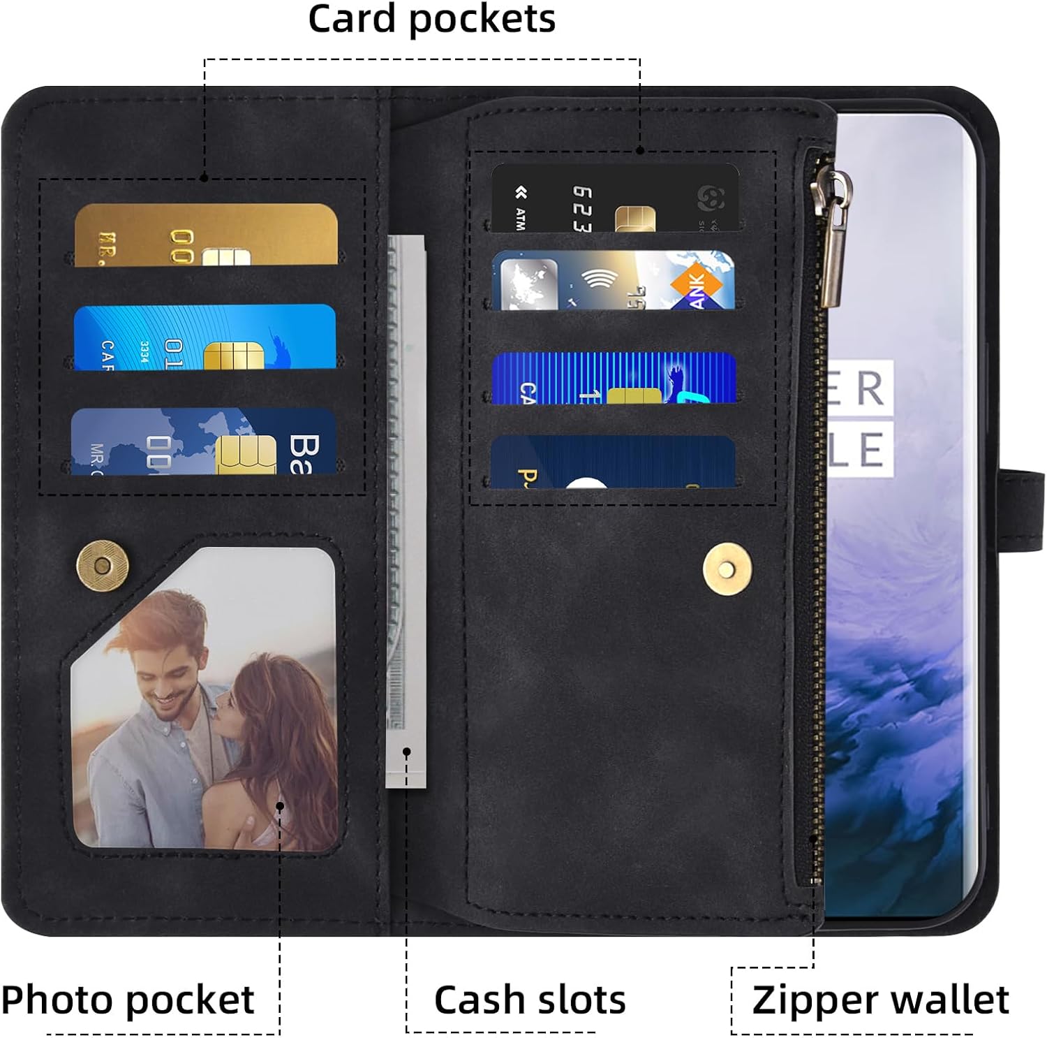 Asuwish Coque pour OnePlus 7 Pro Portefeuille avec Verre Trempé et Cordon Porte Carte Chaine PU Cuir à Clapet Étui Housse Support 7Pro GM1913 Téléphone Case Fleur Vitre Protection Protege Femme Noir 5 Asuwish Coque pour OnePlus 7 Pro Portefeuille avec Verre Trempé et Cordon Porte Carte Chaine PU Cuir à Clapet Étui Housse Support 7Pro GM1913 Téléphone Case Fleur Vitre Protection Protege Femme Noir – Image 4