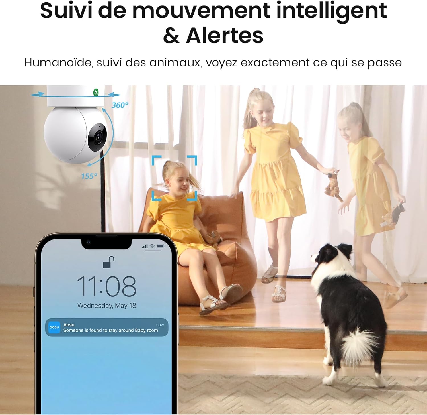 aosu 2K Caméra Surveillance WiFi Intérieure, Caméra Intérieure, Vision Nocturne HD 10m, 5G/2.4 GHz WiFi, Détection des Humains et Animaux par l'IA, Appel à Une Touche, pour Bébé/Animaux 4 aosu 2K Caméra Surveillance WiFi Intérieure, Caméra Intérieure, Vision Nocturne HD 10m, 5G/2.4 GHz WiFi, Détection des Humains et Animaux par l'IA, Appel à Une Touche, pour Bébé/Animaux – Image 3