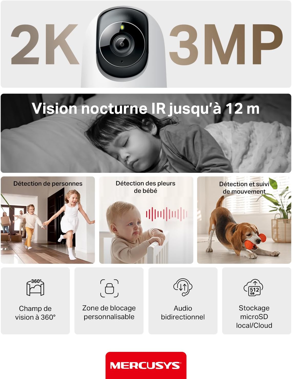 MERCUSYS Caméra Surveillance WiFi intérieure 360° 2K, Vision Nocturne, Notifications en Temps réel, Détection de Personne, Suivi de Mouvement, Télécommande, Compatible avec Alexa, MC210 3 MERCUSYS Caméra Surveillance WiFi intérieure 360° 2K, Vision Nocturne, Notifications en Temps réel, Détection de Personne, Suivi de Mouvement, Télécommande, Compatible avec Alexa, MC210 – Image 2