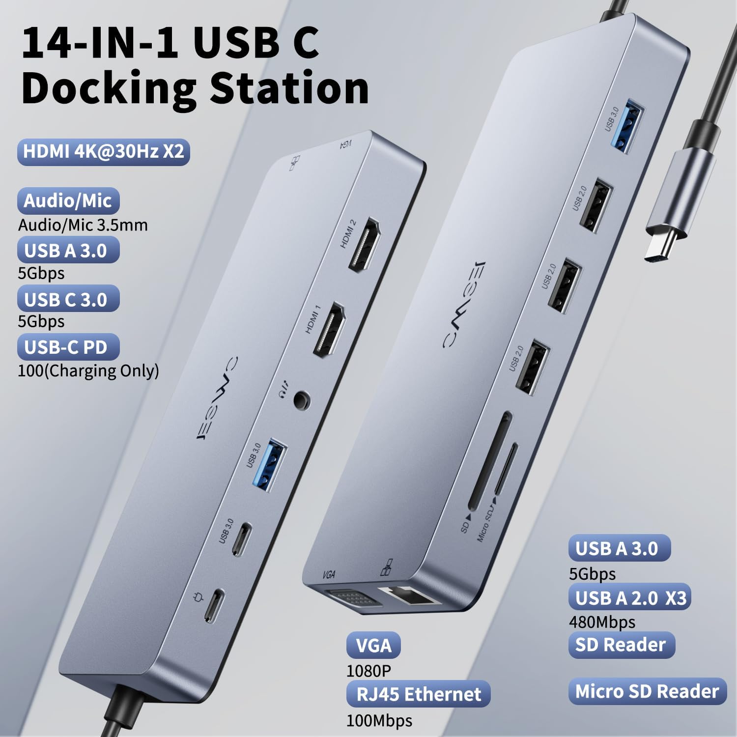 Docking Station USB C,JESWO 14-en-1 Dock USB C vers Dual HDMI, VGA, Ethernet, Mulit USB 3.0&2.0, 100W PD, Type-C Data, SD/TF, AUX Jack pour Windows 11, 10, Mac OS, and iPad OS 3 Docking Station USB C,JESWO 14-en-1 Dock USB C vers Dual HDMI, VGA, Ethernet, Mulit USB 3.0&2.0, 100W PD, Type-C Data, SD/TF, AUX Jack pour Windows 11, 10, Mac OS, and iPad OS – Image 2
