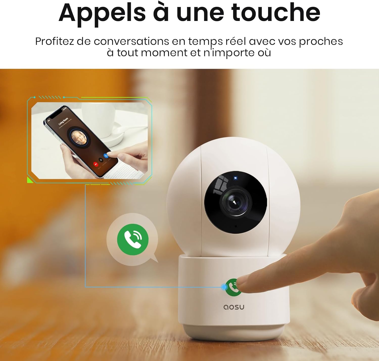 aosu 2K Caméra Surveillance WiFi Intérieure, Caméra Intérieure, Vision Nocturne HD 10m, 5G/2.4 GHz WiFi, Détection des Humains et Animaux par l'IA, Appel à Une Touche, pour Bébé/Animaux 5 aosu 2K Caméra Surveillance WiFi Intérieure, Caméra Intérieure, Vision Nocturne HD 10m, 5G/2.4 GHz WiFi, Détection des Humains et Animaux par l'IA, Appel à Une Touche, pour Bébé/Animaux – Image 4
