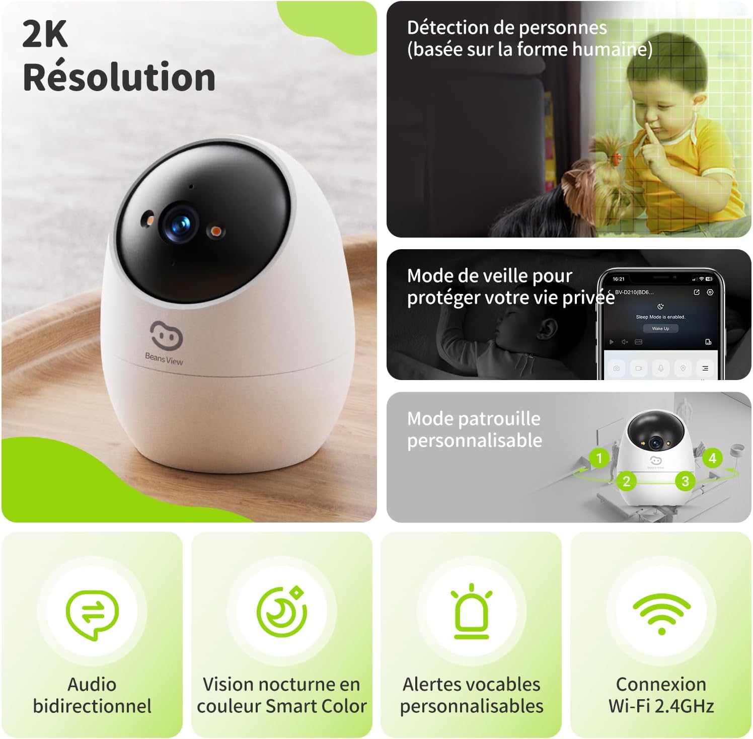 2K (3MP) Caméra de Sécurité Intérieure, 2-Pièce, 360° Surveillance 2.4GHz Wi-Fi, Vision Nocturne Couleur, Détection & Suivi Auto des Humains, Stockage Carte SD Sans Abonnement, Bébé/Animaux 6 2K (3MP) Caméra de Sécurité Intérieure, 2-Pièce, 360° Surveillance 2.4GHz Wi-Fi, Vision Nocturne Couleur, Détection & Suivi Auto des Humains, Stockage Carte SD Sans Abonnement, Bébé/Animaux – Image 5