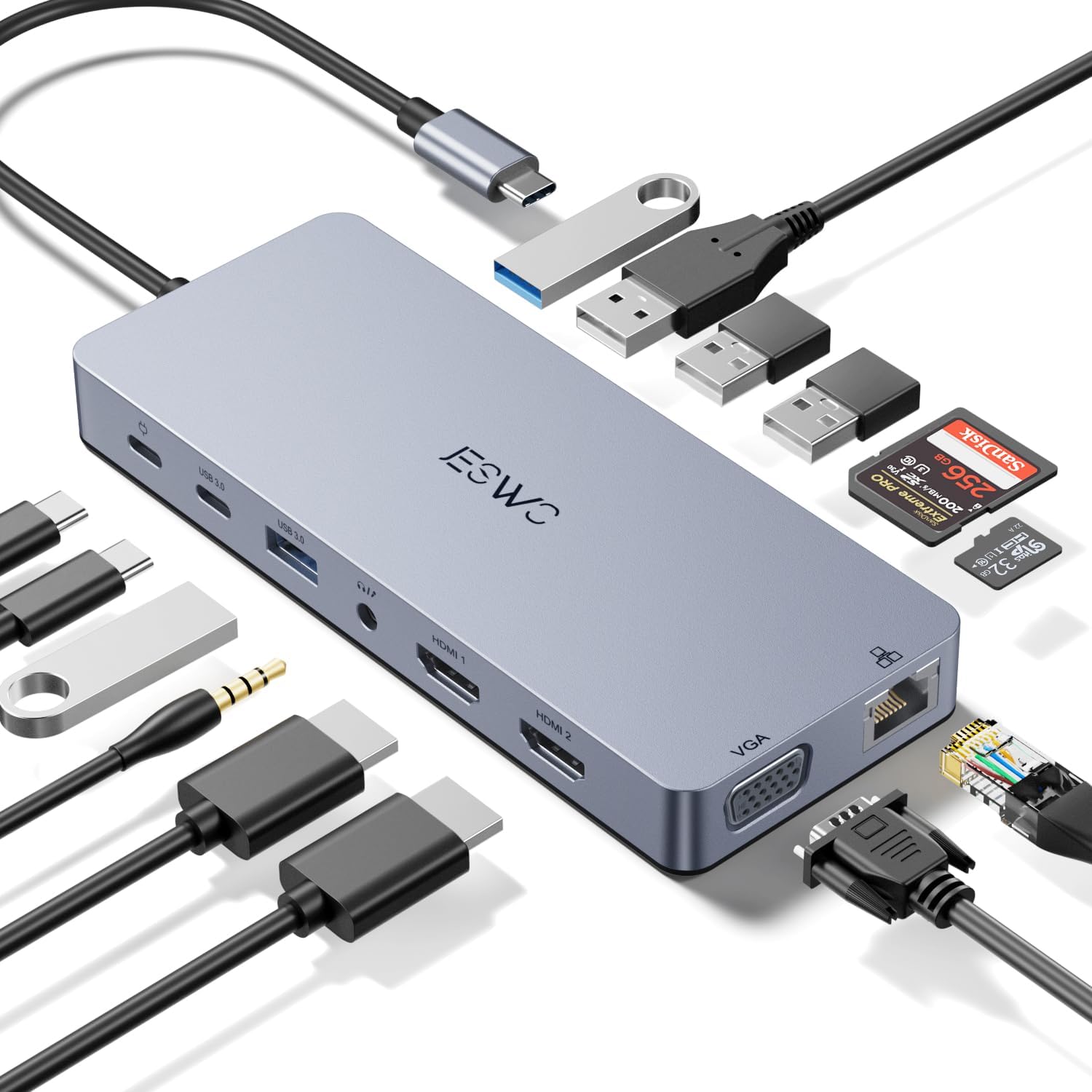Docking Station USB C,JESWO 14-en-1 Dock USB C vers Dual HDMI, VGA, Ethernet, Mulit USB 3.0&2.0, 100W PD, Type-C Data, SD/TF, AUX Jack pour Windows 11, 10, Mac OS, and iPad OS 10 Docking Station USB C,JESWO 14-en-1 Dock USB C vers Dual HDMI, VGA, Ethernet, Mulit USB 3.0&2.0, 100W PD, Type-C Data, SD/TF, AUX Jack pour Windows 11, 10, Mac OS, and iPad OS – Image 9