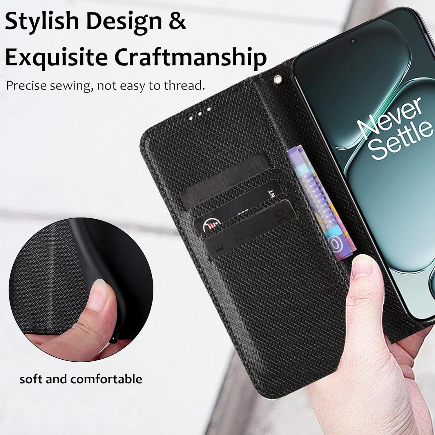 Coque pour Oneplus 15R Protection Case, Étui de Protection Portefeuille Antichoc Premium Fibre -Housse Étui Compartiments pour Cartes et Fermeture magnétique- Noir 4 Coque pour Oneplus 15R Protection Case, Étui de Protection Portefeuille Antichoc Premium Fibre -Housse Étui Compartiments pour Cartes et Fermeture magnétique- Noir – Image 3