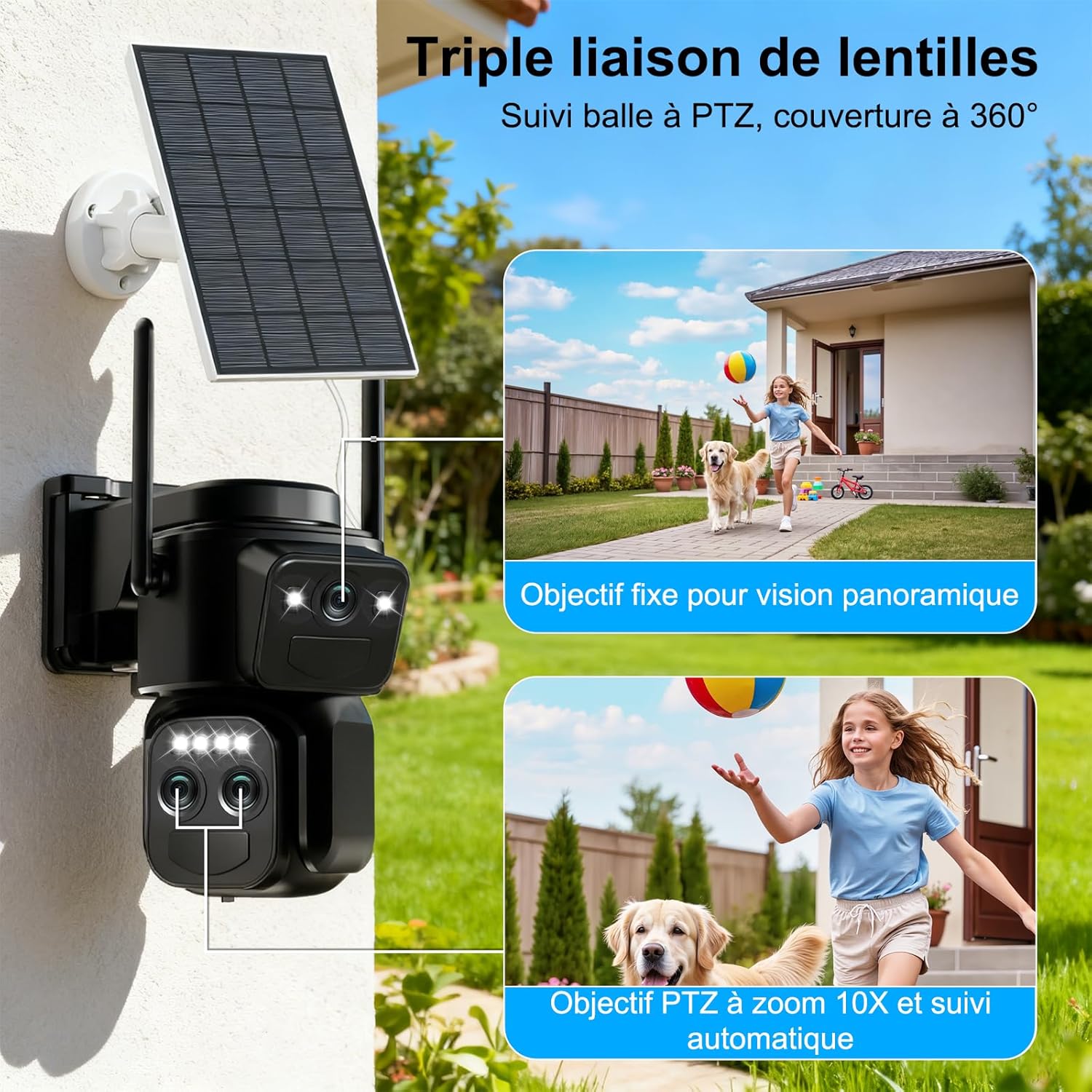 4K Caméra Surveillance WiFi Extérieure à triple objectif,360° PTZ Caméra,8MP Détection Humaine avec Panneau Solaire,Suivi Automatique,Vision Nocturne Couleur,Étanche,Audio Bidirectionnel,10X Zoom 3 4K Caméra Surveillance WiFi Extérieure à triple objectif,360° PTZ Caméra,8MP Détection Humaine avec Panneau Solaire,Suivi Automatique,Vision Nocturne Couleur,Étanche,Audio Bidirectionnel,10X Zoom – Image 2