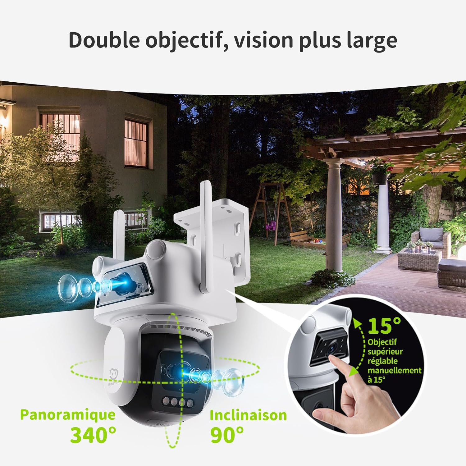 2K+2K (3MP+3MP) Caméra Surveillance Extérieure à Double Objectif, 2,4 GHz Wi-FI, 360° Sécurité, Stockage Carte 512 Go, Suivi Auto, Détection Humaine par IA, Vision Nocturne Couleur (D320) 3 2K+2K (3MP+3MP) Caméra Surveillance Extérieure à Double Objectif, 2,4 GHz Wi-FI, 360° Sécurité, Stockage Carte 512 Go, Suivi Auto, Détection Humaine par IA, Vision Nocturne Couleur (D320) – Image 2