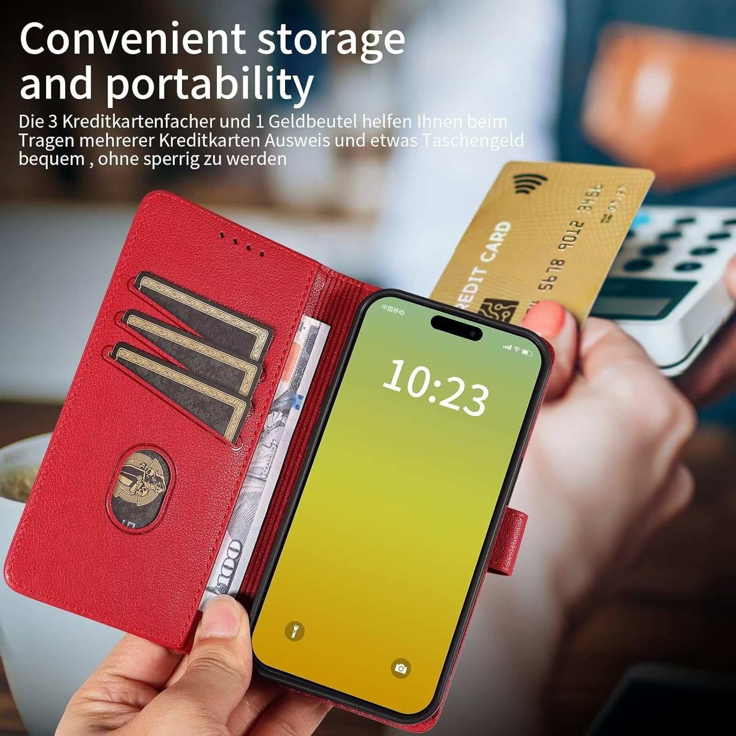 FMPCUON Coque pour OnePlus 7 Etui RFID Protection Housse en Premium Cuir Pochette Portefeuille Rabat Clapet Case Porte Carte Magnétique Étui pour OnePlus 7 - Rouge 4 FMPCUON Coque pour OnePlus 7 Etui RFID Protection Housse en Premium Cuir Pochette Portefeuille Rabat Clapet Case Porte Carte Magnétique Étui pour OnePlus 7 - Rouge – Image 3